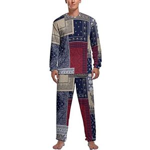 Marineblauwe patchwork geruite zachte heren pyjama set comfortabele loungewear top en broek met lange mouwen geschenken XL