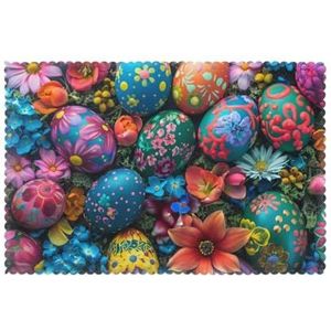 RAIZHE Gekleurde eieren en bloemen geïsoleerde dinerbord mat, 45,7 x 30,5 cm, anti-vet, antislip, beschermt eettafel, geschikt voor hotels, restaurants, keukens (Pack van 6)