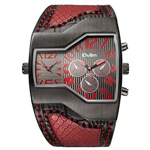 ShoppeWatch Uniek herenhorloge met grote wijzerplaat en dubbele tijdweergave | lederen band met kwartsuurwerk | groot gezicht horloge voor mannen | oversized kledinghorloge, Rood, riem