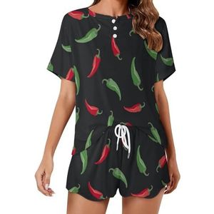 Rode En Groene Paprika's Zachte Dames Pyjama Korte Mouw Pyjama Loungewear met Zakken Gift voor Thuis Strand S