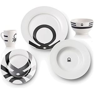 UNITED COLORS OF BENETTON PK2227 set met 26 logo's in zwart, aardewerk: 18-delig tafelservies (6 personen plat, diep en dessertborden), 4 ontbijtkommen en 4 kopjes