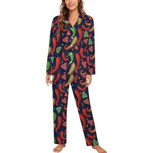 Chilipeper platte pyjama met lange mouwen voor vrouwen, klassieke nachtkleding, nachtkleding, zachte pyjamasets