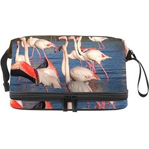 Multifunctionele opslag reizen cosmetische tas met handvat,Flamingo patroon,Grote capaciteit reizen cosmetische tas, Meerkleurig, 27x15x14 cm/10.6x5.9x5.5 in