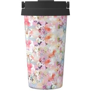 Mooie Roze Bloem Print Thermische Koffie Mok,Reizen Geïsoleerde Deksel RVS Tumbler Cup voor Thuiskantoor Outdoor