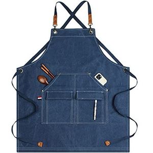 GPDNBIEU, Schorten for mannen, werkschort canvas schort werkplaats gereedschap met verstelbare bandjes for kapper, keuken, tuinman, café(Blu)