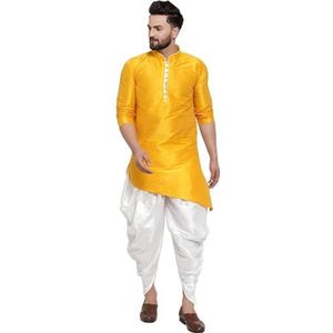 Lakkar Haveli Mannen Pakistaanse traditionele gele shirt Kurta Trail Cut bruiloft party wear witte Dhoti Pant Set Zijde, Geel, XXL