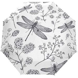 RXYY Tropische Bloemen Libelle Patroon Vouwen Auto Open Close Paraplu voor Vrouwen Mannen Jongens Meisjes Winddicht Compact Reizen Lichtgewicht Regen Paraplu