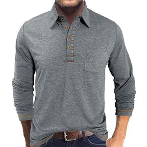 Heren poloshirts met lange mouwen, casual stretch werk T-shirts, casual T-shirt met knoopjes en zak(Light gray,3XL)