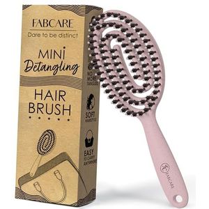 FABCARE Mini-haarborstel met wildzwijnharen en dubbele spiraalveer, professionele ontwarringsborstel voor alle haartypes (roze)