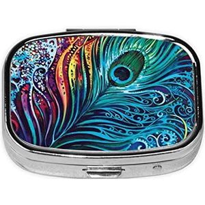 Mini vierkante pillendoos, medicijnorganizer, gekleurde pauw, draagbare EHBO-doos, reispillendoos met 2 vakken, kleine pillendoos voor zak of portemonnee