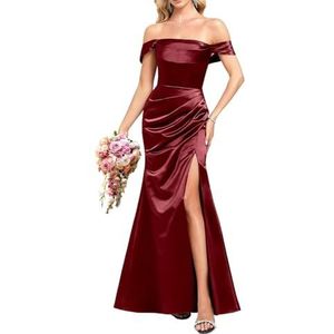 YIANN Satijnen baljurken met split voor dames, mouwloos, lang, formele avondjurk, Bordeaux, 32
