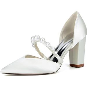 KYEGLO Dames Satijnen Puntige Neus Mode Dikke Hakken Met Parelbandje - Gesloten Neus Instapschoenen Voor Bruidsmeisjes Voor Feestelijke Bruiloften, Cadeaus Voor Vrouwen,ivoor,36 EU