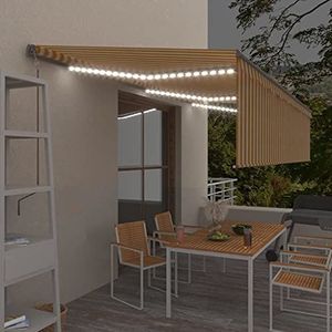 Homgoday Zonnezeil voor buiten, automatische luifel met windsensor, led, 6 x 3 m, geel/wit, voor tuin en balkon, buitenzeil, zijluifel voor terras buiten