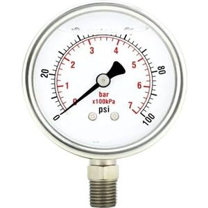 2 inch manometer, roestvrijstalen behuizing, met vloeistof gevuld, onderste houder, 100 psi