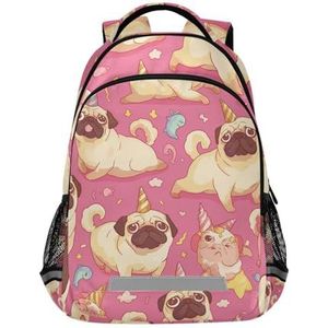 Wzzzsun Romantische honden roze mopshond rugzak kinderen meisjes jongens schoolrugzak met reflectoren daypack reistas voor dames heren, Schattige mode, 29.5 X 17.5 X 42.5 cm