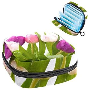 Periode Pouch Draagbare Tampon Opbergtas,Tampon Houder voor Portemonnee Vrouwelijke Product Organizer,Lente Tulp Bloem Plant, Meerkleurig, 4.7x6.6x6.6 in/12x17x17 cm