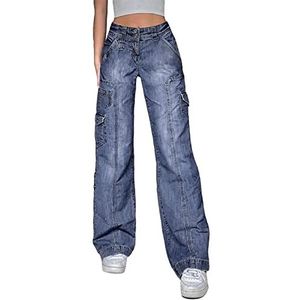 Yokbeer Womens hoog getailleerde baggy jeans Vintage wijde rechte pijpen Boyfriend Denim Cargo broek met zakken Y2K Grunge Streetwear (Color : Blue, Size : XL)