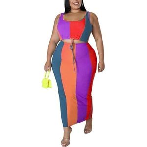 Dames Zomer Plus Maat 2-delige Outfits Mode Kleurenblok Vierkante Hals Mouwloze Crop Top En Bodycon Maxi Rok Set (Color : Gray, Size : 4XL)