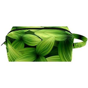 Groene tropische bladeren patroon lederen cosmetische zakje tas met handvat, waterdichte vierkante toilettas reistas, kleine etui voor dames heren meisjes kinderen