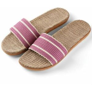 BKYWJTR6 Comfortabele slippers voor dames, met geweven riempjes, vlas, linnen, slipvaste casual sandalen, roze, 39 EU