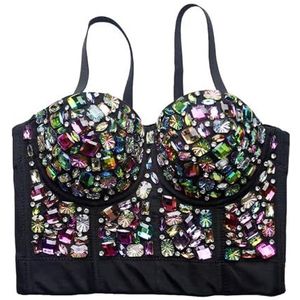 HKYBCF Korsetten voor dames, korsetten voor dames, korsetten met strass, charmante bustier, kleurrijk, nachtclub, feest, vrouwelijke camis, crop tops, Zwart kleurrijk 2, XL 40