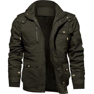 Kefitevd Winterparka voor heren, met fleece gevoerd, warme winterjas met afneembare capuchon, overgangsjas, legerjack met opstaande kraag, donker-olijf, M