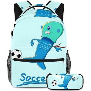 Sea Monster Play Soccer Grote Capaciteit Rugzak Schooltas Etui voor Kinderen Meisje jongen Vrouwen Mannen Studenten Duurzaam Lichtgewicht Veel Zakken Werk Leuke Zwart Wit kat Hond Reistas,