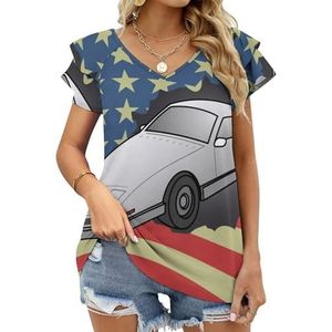 Amerikaanse Vlag Auto Grafische Blouse Top Voor Vrouwen V-hals Tuniek Top Korte Mouw Volant T-shirt Grappig