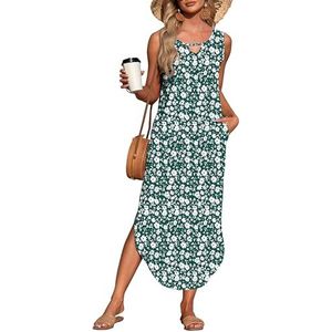 AUSELILY dames zomer maxi jurk mouwloos casual losse strandjurk met zakken Groene Bloemen M