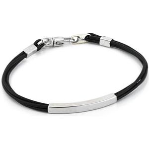 MBR218N armband van zwart leer met gladde plaat, Zilver