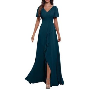 KURFACE Flutter mouw V-hals chiffon bruidsmeisjes jurken met mouwen split lange formele avondjurk voor vrouwen, Turkoois, 32
