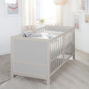 roba Babybed EASY SLEEP 70 x 140 cm inkl. Ombouwhoeken - Meegroeiend Ledikant - 3-voudig in Hoogte Verstelbaar - 3 Verwijderbare Spijlen - Hout Naturel/Grijs Gelakt