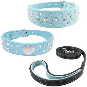 Newtensina 3 stuks hondenhalsband en riem set diamanten hart halsband met riemen voor kleine honden, puppy honden, 3 stuks pack (0447) - blauw - XXS