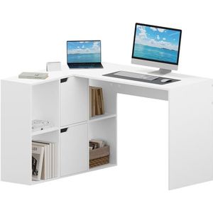 eSituro Bureau, L-vorm, wit, hoekbureau met planken, computertafel met planken, bureautafel, tafel met boekenkast, hoekbureau met planken, 118 x 100 x 75 cm