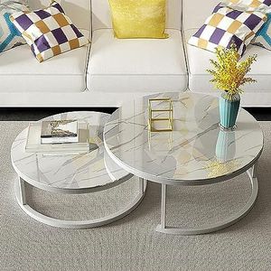 Moderne woonkamer salontafel nest salontafel set van 2, moderne bijzettafel, ronde gehard glas marmeren textuur stapelbare salontafels, woonkamer sofa tafel, metalen frame (kleur: wit B, maat