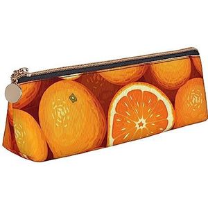 ReesEt Leuke Oranje Fruit Patroon Potlood Pouch Driehoek Pen Case Draagbare Lederen Potlood Tas met Rits Cosmetische Pouch Bag, zoals afgebeeld, Eén maat, Tas Organizer