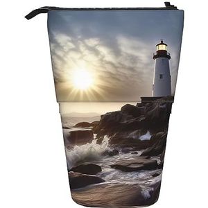 RLDOBOFE Lighthouse Rocks Seaside print Potlood Tas Stand-Up Intrekbare Potlood Doos Organizer Pen Houder Opbergtas Cosmetische Tas Voor Kantoor Kerst Vakantie Gift, Zwart, Eén maat