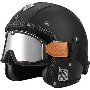 3/4 Half Helm Open Gezicht Motorfiets Half Helm Retro Motorhelm Jet Helm met Bril Retro Cruiser Chopper Scooter Open Gezicht Helm DOT/ECE Goedgekeurd A,S=55-56cm