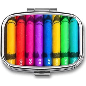 Gekleurde kleurpotloden bedrukte draagbare pillencontainer reizen pillen gevallen met spiegel 2 compartimenten geneeskunde doos decoratieve metalen geneeskunde voor zak portemonnee reizen dagelijks