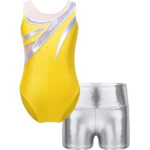 Gymnastiekpak voor meisjes, mouwloos, korte broek met strass-steentjes, balletdanskostuum, metallic, voor jongens, Red, 14