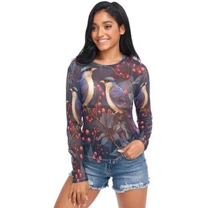 KAAVIYO Schattig kunstwerken vogels bos lange mouwen shirt koud gevoel transparant sexy shirt voor dames meisjes, Patroon., S