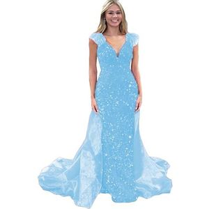 ORBITRAY Fluwelen Glitter V-hals Lange Prom Feestjurk Zeemeermin 2024 Veer Schouder Avondjurk met Overrok, Blauw, 14