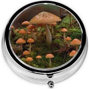Wilde paddenstoel print pillendoos 3 compartimenten ronde pillendoos met spiegel metalen pillenorganizer reizen pillendoos mini medicijn opbergdoos voor zak portemonnee