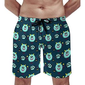 Pluizige monster, met hoorns en een staart een schedel Halloween heren strandshorts sneldrogende boardshorts mesh voering strandbroek sportschool zwembroek XS