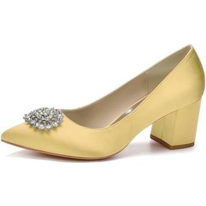 HFWXYSA Dames Bruids Trouwschoenen Chunky Blok Hak Jurk Pompen Satijn Kristal Gesloten Teen Bruidsmeisje Schoenen,Goud,35 EU
