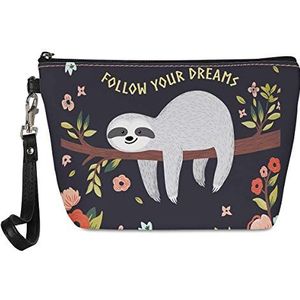 spArt Vrouwen Meisjes Trapezium Cosmetische Make Up Opbergtas met Polsbandje Lederen Toilettas Organizer, Luiaard Volg Uw Dromen