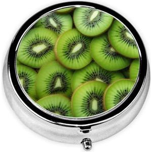 Pillendoosje met spiegel, retro pillendoos met 3 compartimenten, plakjes verse rijpe groene kiwi, kleine pillenorganizer voor portemonnee of zak, decoratieve metalen medicijnen, vitamine-organizer