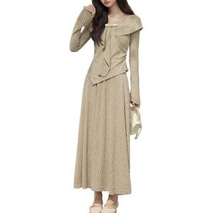 LoprNsdgt Dames Tweedelige Matchende Trui Sets Oneffen Lange Mouw Tops Vloeiende Rokken Herfst Outfits,Khaki,L