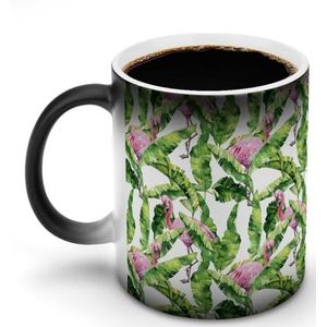 Roze Flamingo op Tropische Bladeren Aanpassen Magic Warmte Veranderende Mok Keramische Cup Koffie Mokken Warmtegevoelige Grappige Gift