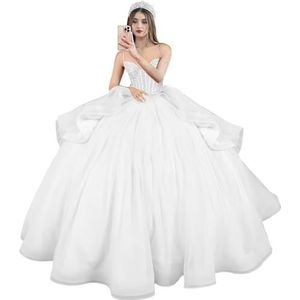 Fuomomo Quinceanera MT054 Jurken met spaghettibandjes, partyjurk met staart, Quinceanera kanten jurk met strik, Quinceanera tule met parels, Wit, 42